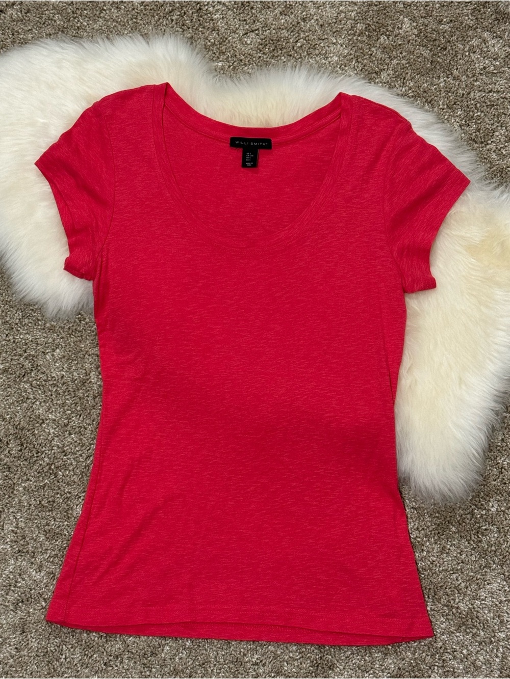 Willi Smith Scoop Neck Short Sleeve Tee - Bright Coral Pink Size L